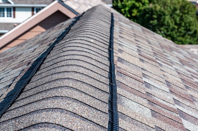 Closeup of the peak of a roof showing ridge vents covered with shingles