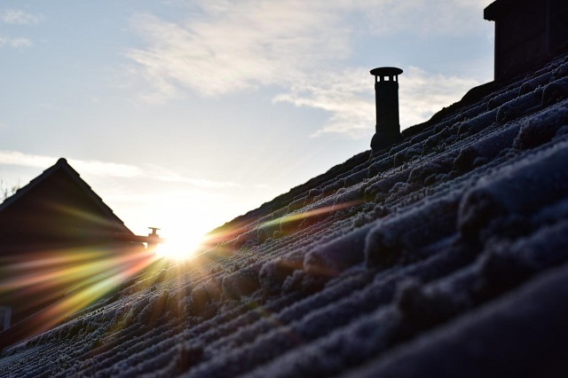 Sunlight peeking over a moss-covered roof