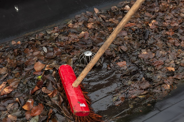 Using a soft-bristled brush to clean debris off roof shingles