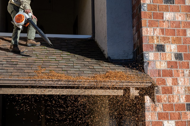 Person using a leaf blower to remove debris from roof shingles